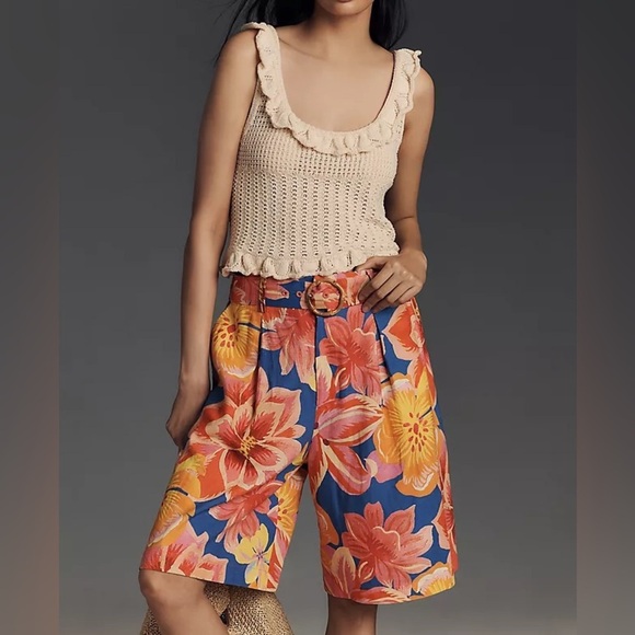 FARM Rio Pants - NWT Farm Rio Linen Blend Belted Floral Bermuda Shorts - Size Medium
